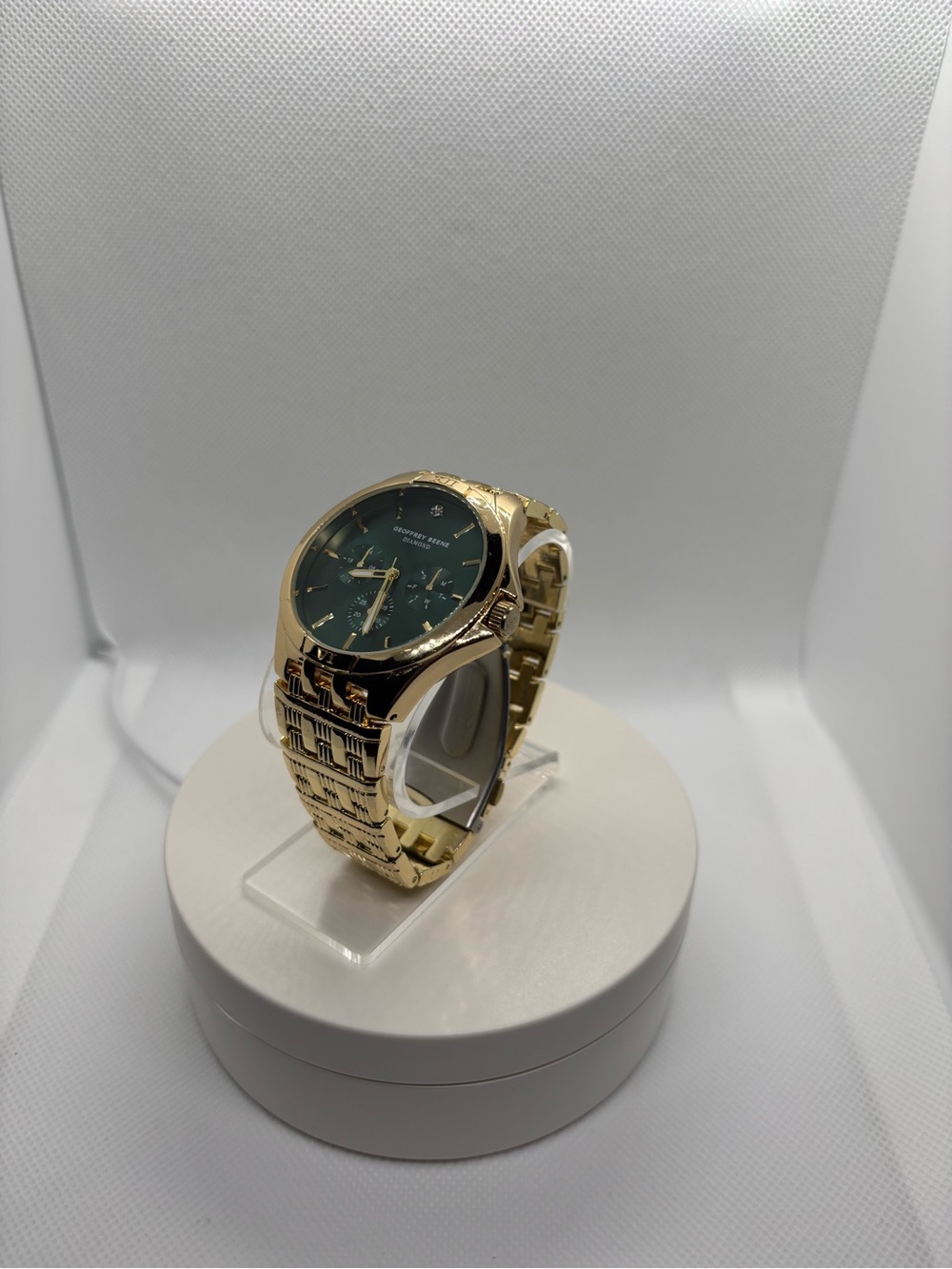Gold Men's Bracelet Watch with Green Sunburst Dial by